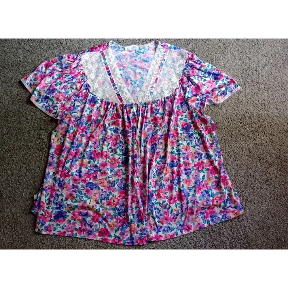 Vanity Fair Floral Womens Vtg Bright Floral and White Lace Glam Loungewear 3XL